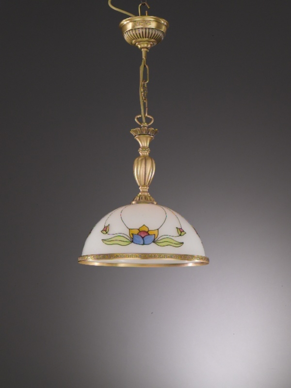 Lampada a sospensione in ottone con vetro decorato 
