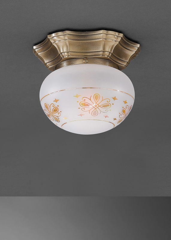 Plafoniera classica in ottone con sfera in vetro decoro serigrafia. PL.7735/1
