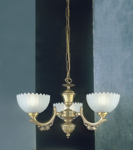 Lampadario classico in ottone a 3 luci verso alto vetro satinato