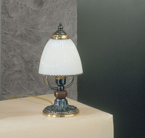 Bronze colored brass and wood bedside lamp with white blown glass