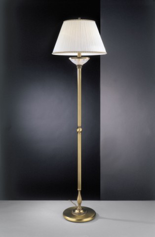 Brass floor lamp with frosted glass and fabric lamp shade