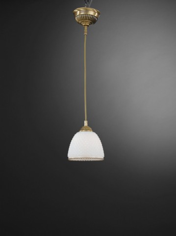 Brass pendant light with white blown striped glass 14 cm