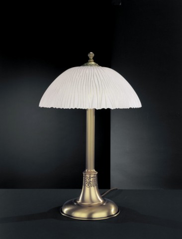 Brass table lamp with white striped glass