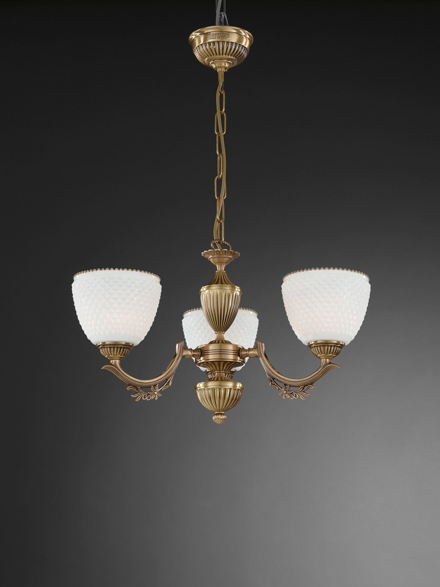 3 Lights Brass Chandelier With White Blown Glass Facing Upward 3 Lights Brass Chandelier With White Blown Glass Facing Upward