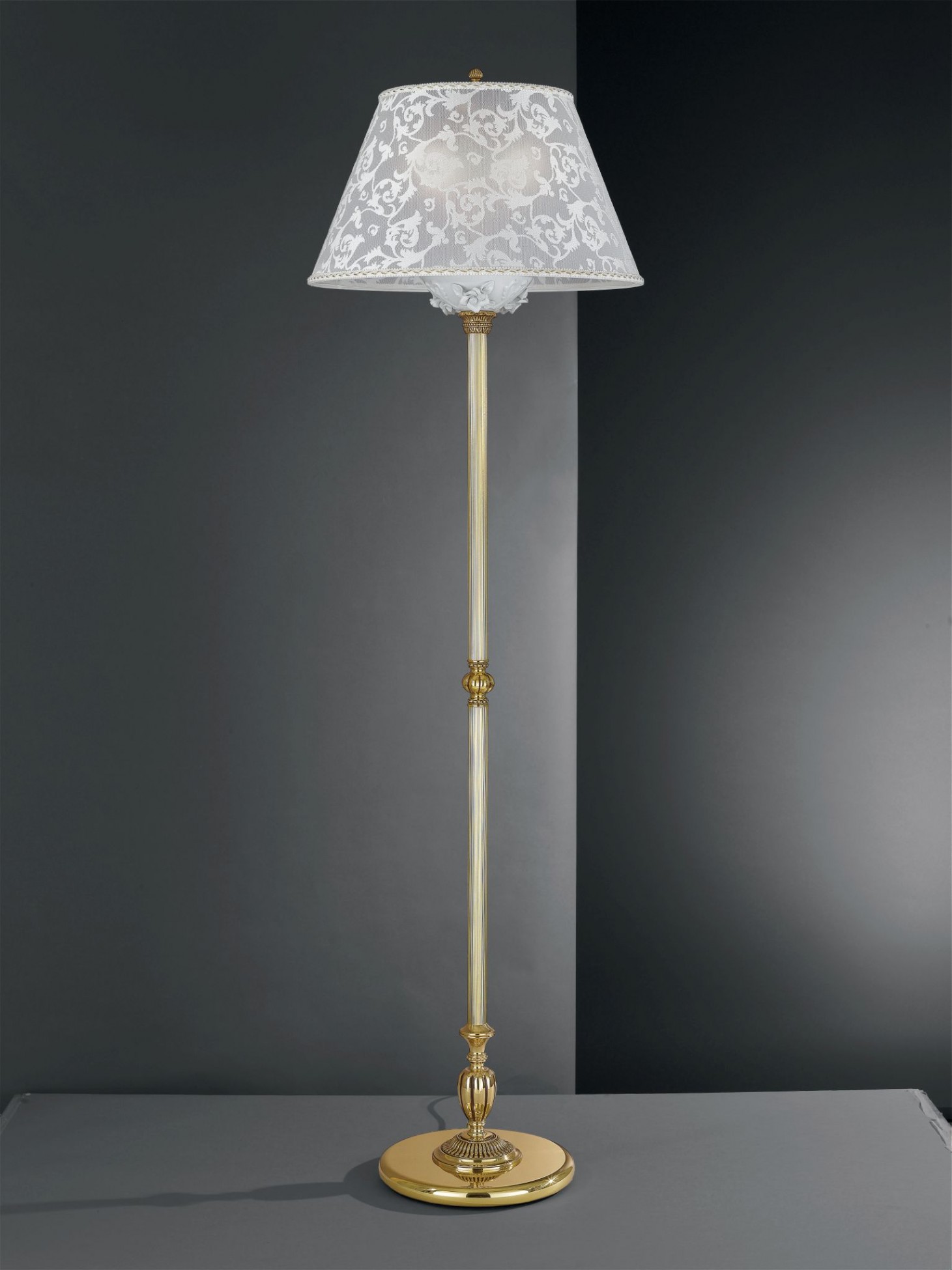 Golden Brass Floor Lamp With White Porcelain And Shade