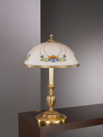 Lampada da tavolo grande in ottone e vetro decorato 