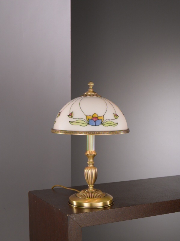 Lampada da tavolo media in ottone e vetro decorato 