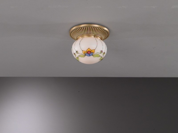 Brass ceiling light with spheric decorated glass