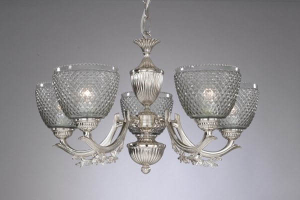 Iron and brass chandelier with blown smoked glass