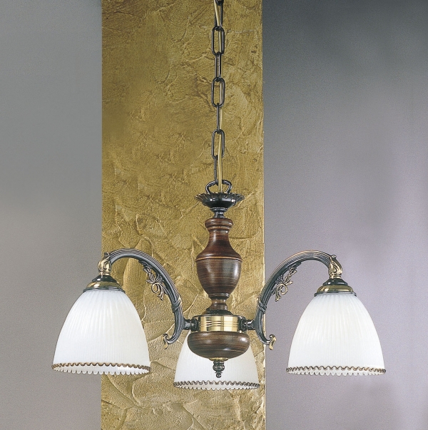 3 lights brass and wood chandelier with white blown glass