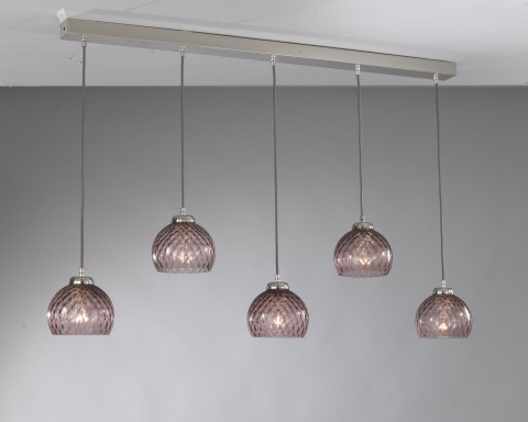 Suspension lamp with five lights, Nickel finish, blown glass in Amethyst color. B.10006/5
