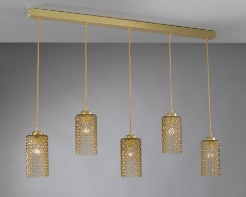 Suspension lamp in brass with five lights , satin gold finish, blown glass bronze color. B.10030/5