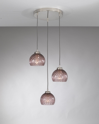Suspension lamp with three lights, Nickel finish, blown glass in Amethyst color. L.10006/3