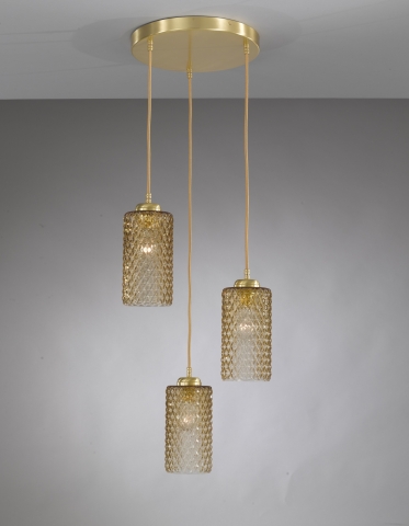 Suspension lamp in brass with 3 lights , satin gold finish, blown glass bronze color. L.10030/3