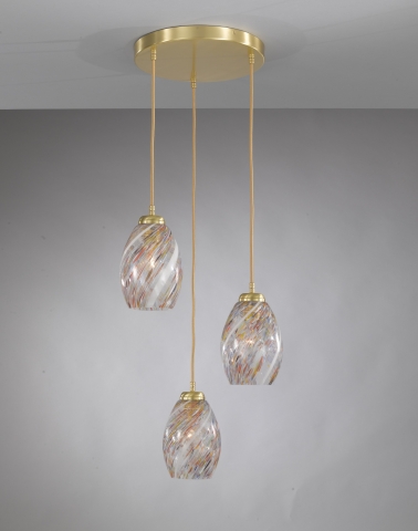 Pendelleuchte in Messing mit 3 Lichter, Satin Gold Finish, mundgeblasenes Glas mehrfarbig Murrina  L.10034/3