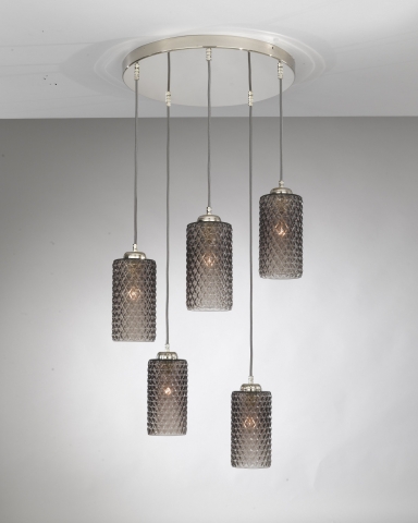 Suspension lamp with five lights, Nickel finish, blown glass in Smoked color L.10000/5