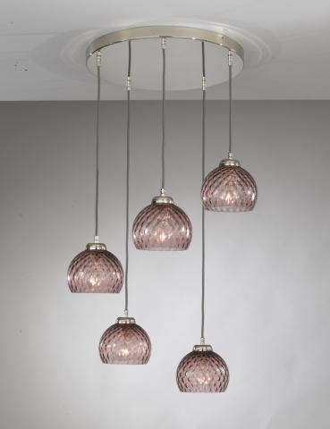Suspension lamp with five lights, Nickel finish, blown glass in Amethyst color. L.10006/5