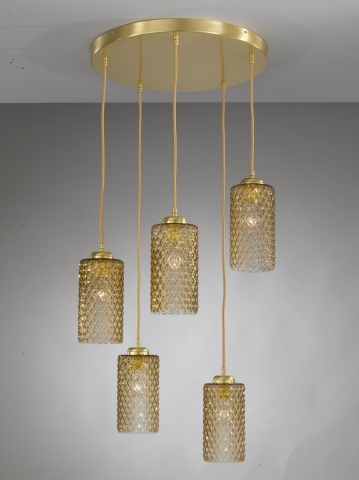 Suspension lamp in brass with 5 lights , satin gold finish, blown glass bronze color. L.10030/5