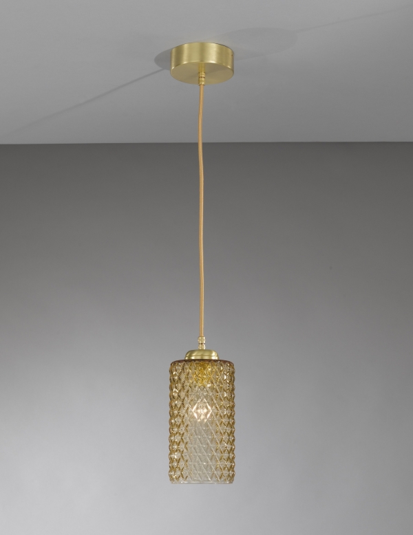 Suspension lamp in brass with one light , satin gold finish, blown glass bronze color. L.10030/1