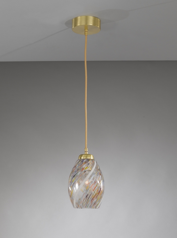 Lampada a sospensione ad una luce, in ottone, finitura Oro satinato, vetro soffiato multi colore Murrina  L.10034/1