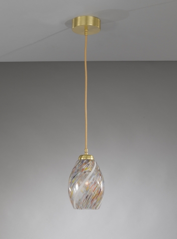 Lampada a sospensione ad una luce, in ottone, finitura Oro satinato, vetro soffiato multi colore Murrina  L.10034/1
