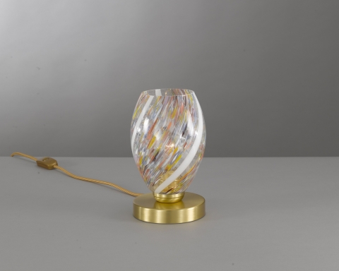 Lampada da comodino, in ottone, finitura Oro satinato, vetro soffiato multi colore Murrina. P.10034/1
