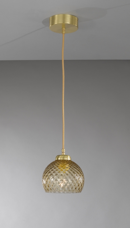 Lampada a sospensione ad una luce, in ottone, finitura Oro satinato, vetro soffiato colore bronzo  L.10032/1