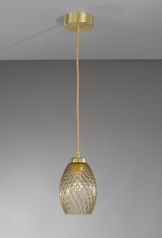 Lampada a sospensione ad una luce, in ottone, finitura Oro satinato, vetro soffiato colore bronzo  L.10033/1
