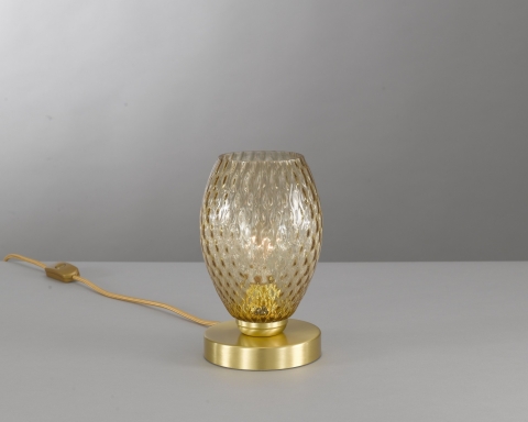 Lampada da comodino, in ottone, finitura Oro satinato, vetro soffiato colore bronzo  P.10033/1
