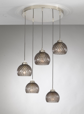 Suspension lamp with 5 lights, Nickel finish, blown glass in Smoked color L.10003/5