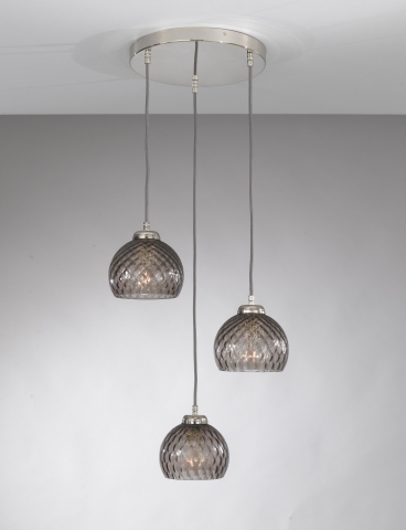 Suspension lamp with 3 lights, Nickel finish, blown glass in Smoked color L.10003/3