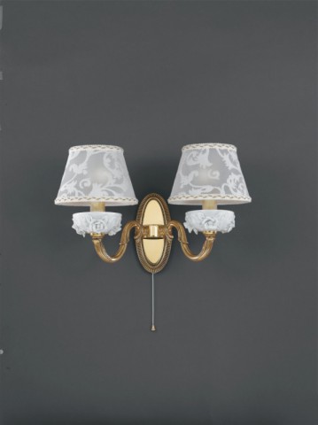 2 light golden brass and white porcelain wall sconce with lamp shade