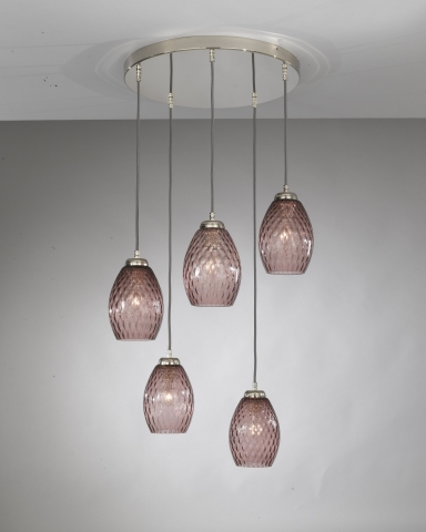Suspension lamp with 5 lights, Nickel finish, blown glass in Ametyst color L.10008/5
