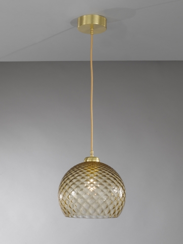Lampada a sospensione ad una luce, in ottone, finitura Oro satinato, vetro soffiato colore bronzo  L.10035/1