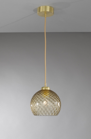 Suspension lamp in brass with one light , satin gold finish, blown glass bronze color. L.10031/1