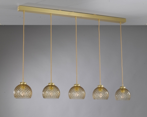 Suspension lamp with 5 lights, satin gold finish, blown glass in bronze color B.10032/5
