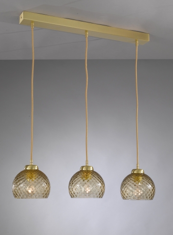 Suspension lamp with 3 lights, satin gold finish, blown glass in bronze color B.10032/3