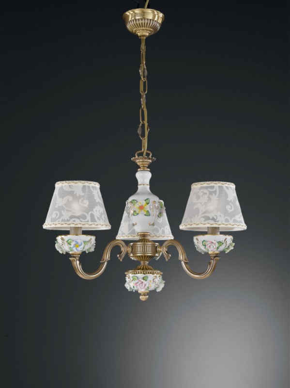 3 lights brass and painted porcelain chandelier with lamp shades