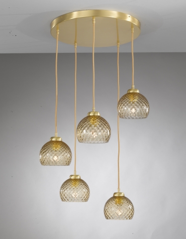 Pendelleuchte mit 5 Lichtern, Satin Gold Finish, mundgeblasenes Glas in  bronze farbe L.10032/5