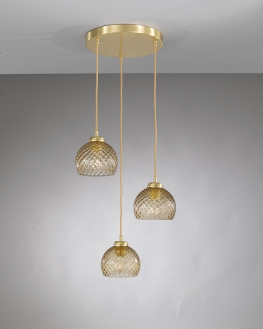 Pendelleuchte mit 3 Lichtern, Satin Gold Finish, mundgeblasenes Glas in  bronze farbe L.10032/3