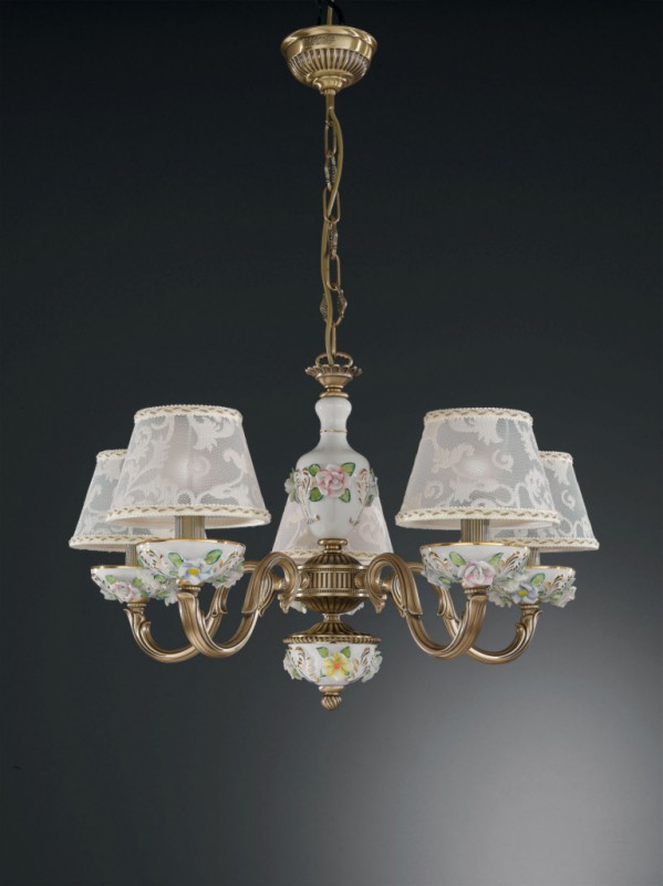 5 lights brass and painted porcelain chandelier with lamp shades