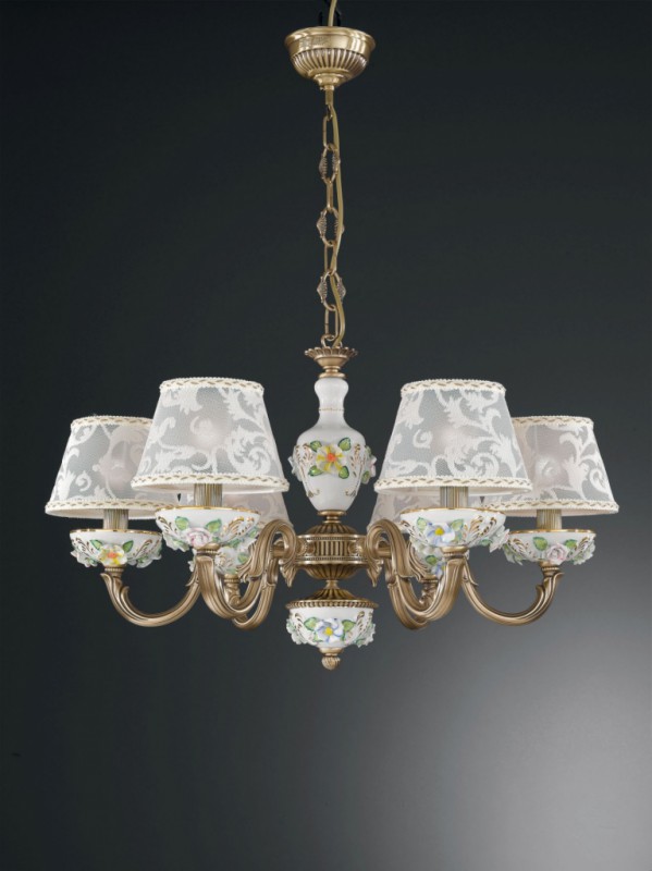6 lights brass and painted porcelain chandelier with lamp shades