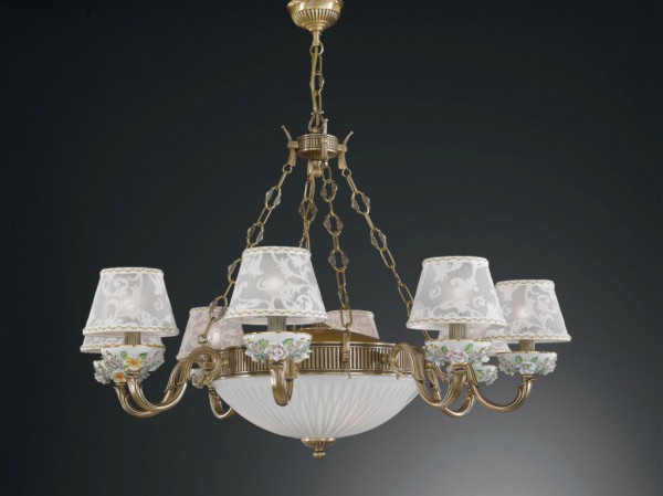 11 lights brass and painted porcelain chandelier with lamp shades