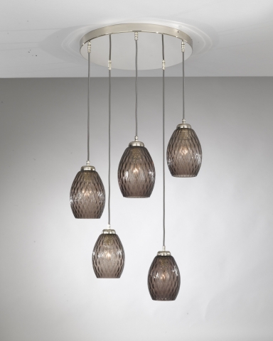 Suspension lamp with 5 lights, Nickel finish, blown glass in Smoked color L.10007/5