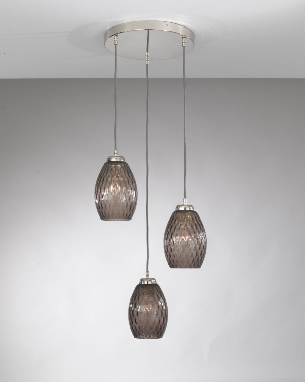 Suspension lamp with 3 lights, Nickel finish, blown glass in Smoked color L.10007/3