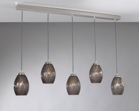 Suspension lamp with 5 lights, Nickel finish, blown glass in Smoked color B.10007/5