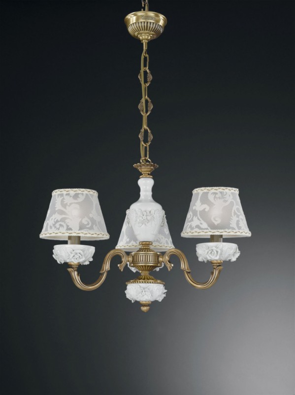 3 lights brass and white porcelain chandelier with lamp shades
