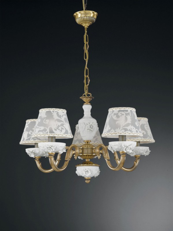 5 lights brass and white porcelain chandelier with lamp shades
