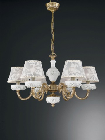 6 lights brass and white porcelain chandelier with lamp shades