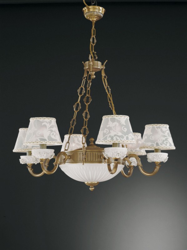 8 lights brass and white porcelain chandelier with lamp shades
